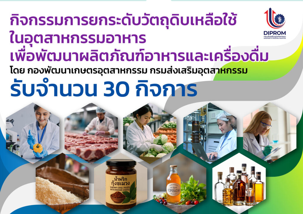 เชิญชวนผู้ประกอบการเข้าร่วม โครงการ “กิจกรรมการยกระดับวัตถุดิบเหลือใช้ในอุตสาหกรรมอาหารเพื่อพัฒนาผลิตภัณฑ์อาหารและเครื่องดื่ม“ ประจำปีงบประมาณ พ.ศ. 2569 โดย กองพัฒนาเกษตรอุตสาหกรรม กรมส่งเสริมอุตสาหกรรม